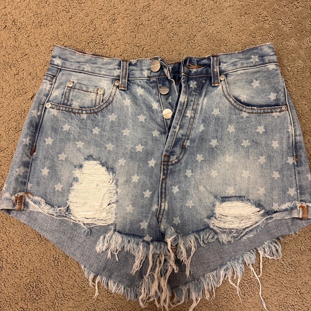 Star-Patterned Blue Denim Shorts